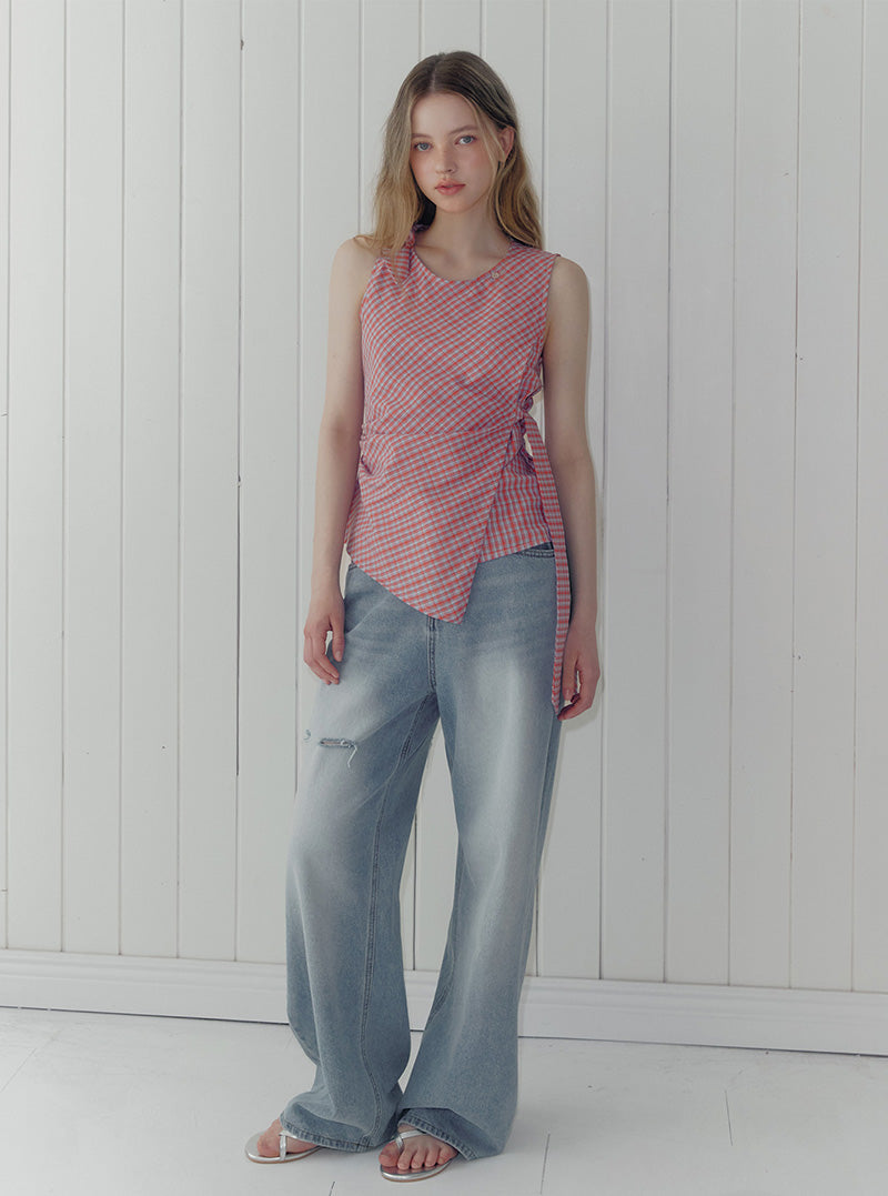 Conf check unbalanced wrap blouse