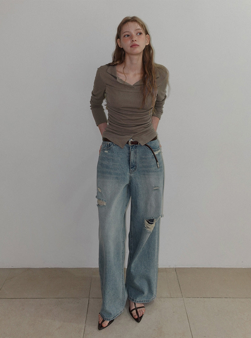 Ranble distressed wide-leg long denim pants