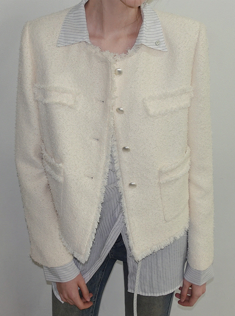 Kire fringe round neck long sleeve tweed jacket