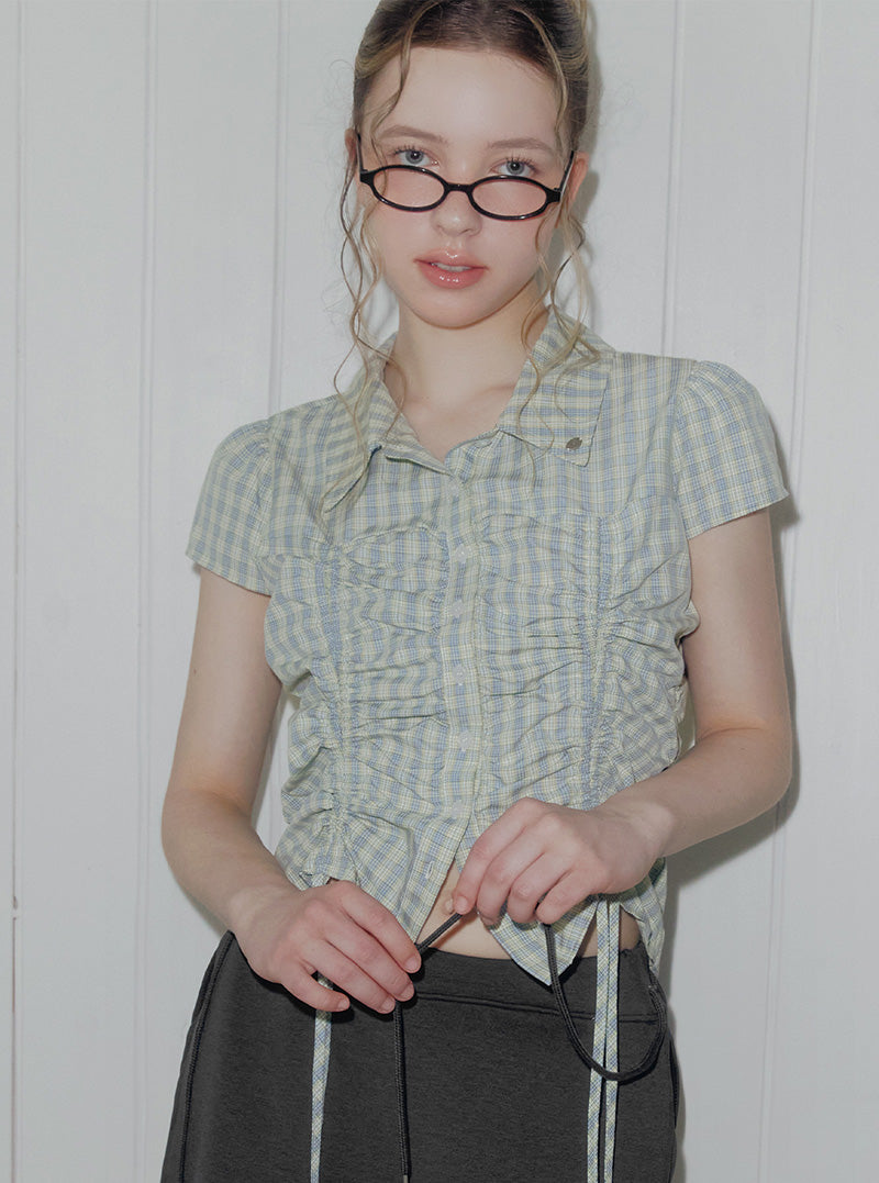Bota check shirring collar short sleeve blouse