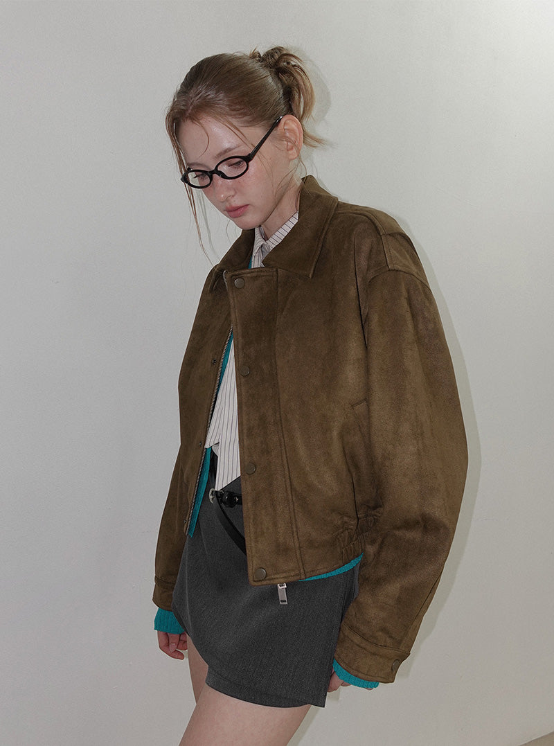 Lati semi-cropped collar long sleeve jumper (leather/suede)