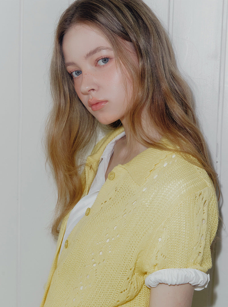 Youd punching collar knit short sleeve cardigan