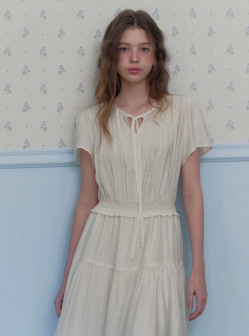 Efen chiffon banding short sleeve long dress