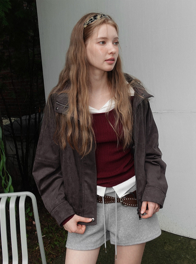 London high-neck suede blouson jumper
