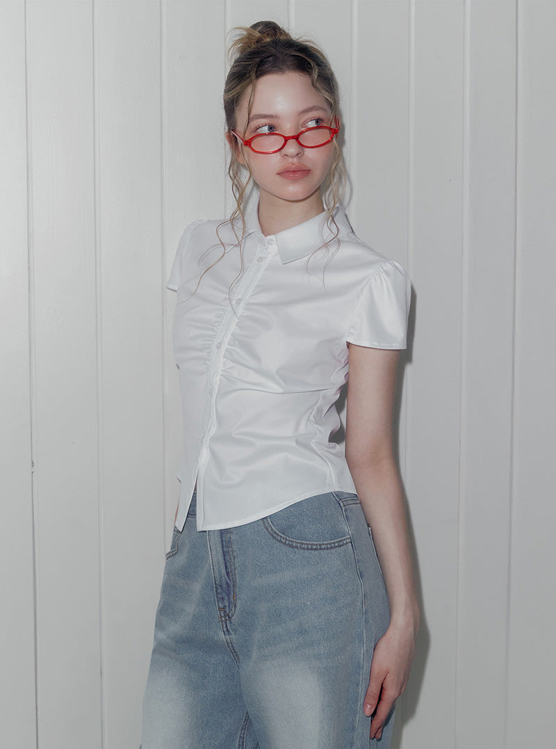 Uple shirring collar short sleeve blouse