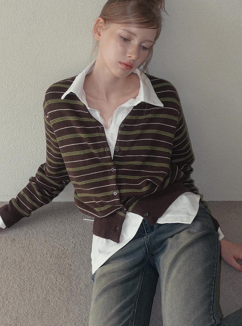 Cure stripe V-neck knit long sleeve cardigan
