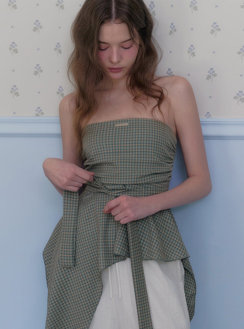 Pozen check shirring top blouse strap set