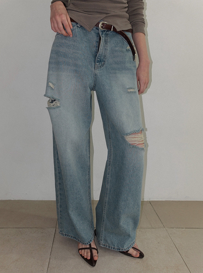 Ranble distressed wide-leg long denim pants