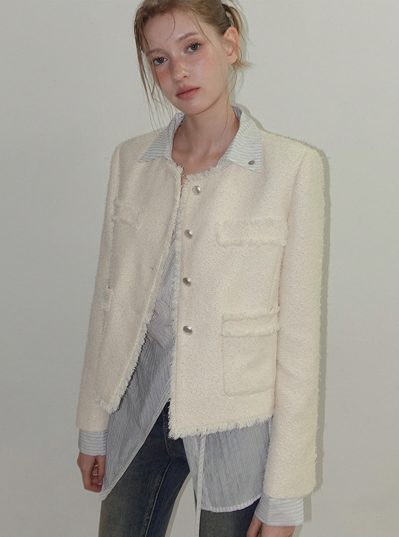 Kire fringe round neck long sleeve tweed jacket