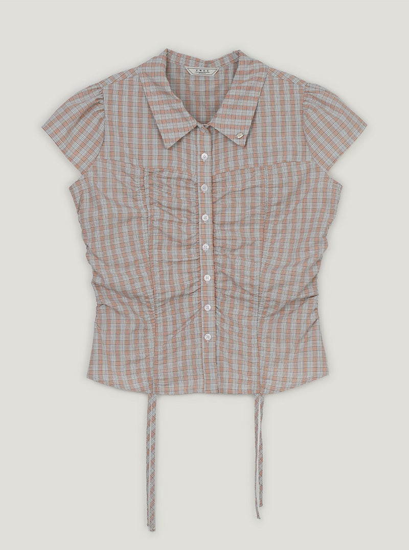 Bota check shirring collar short sleeve blouse