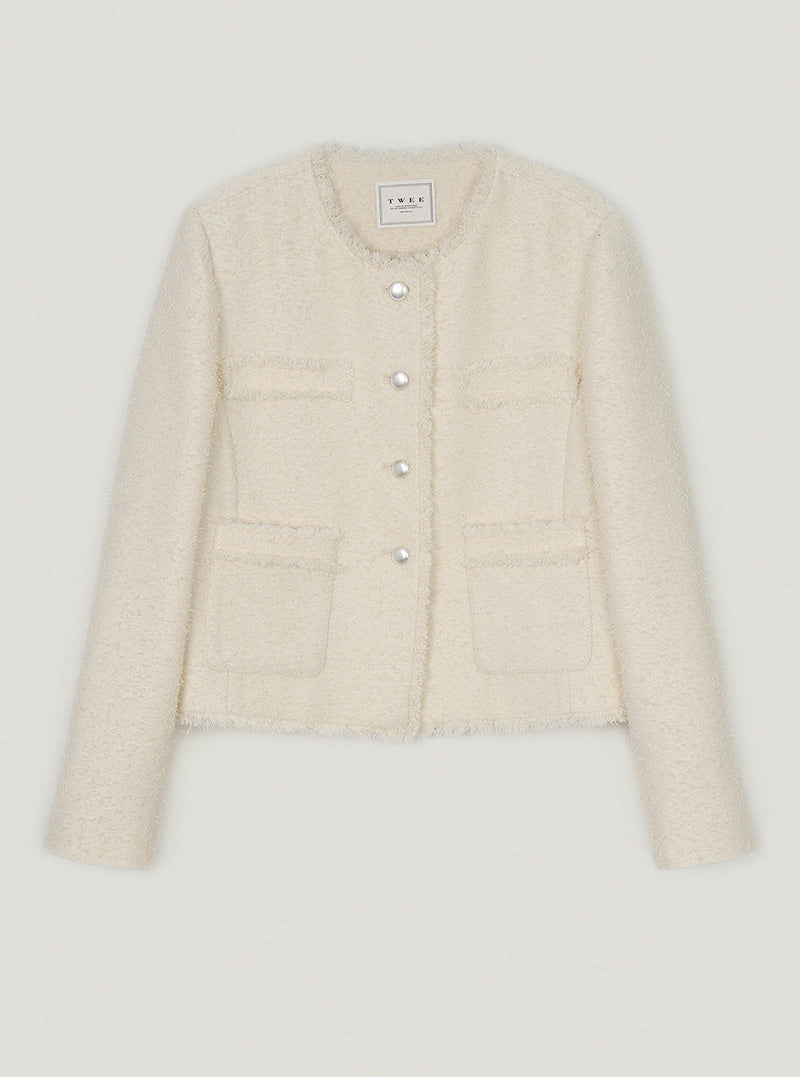 Kire fringe round neck long sleeve tweed jacket
