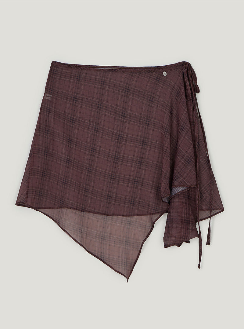 Bran check see-through wrap skirt