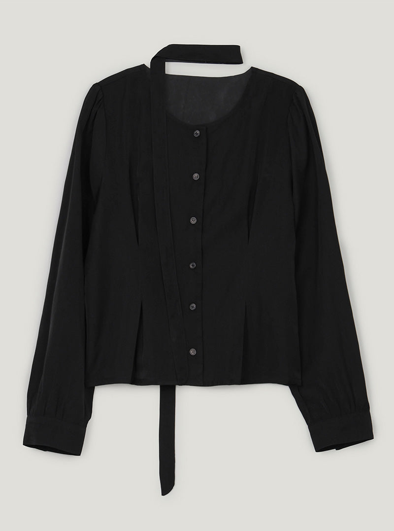 Binre pintuck round neck long sleeve blouse (strap set)