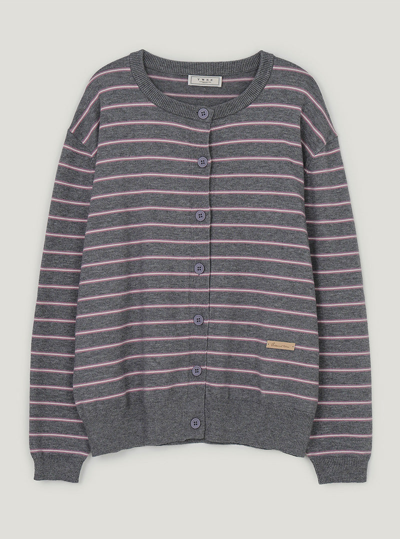 Turns stripe round neck long sleeve cardigan