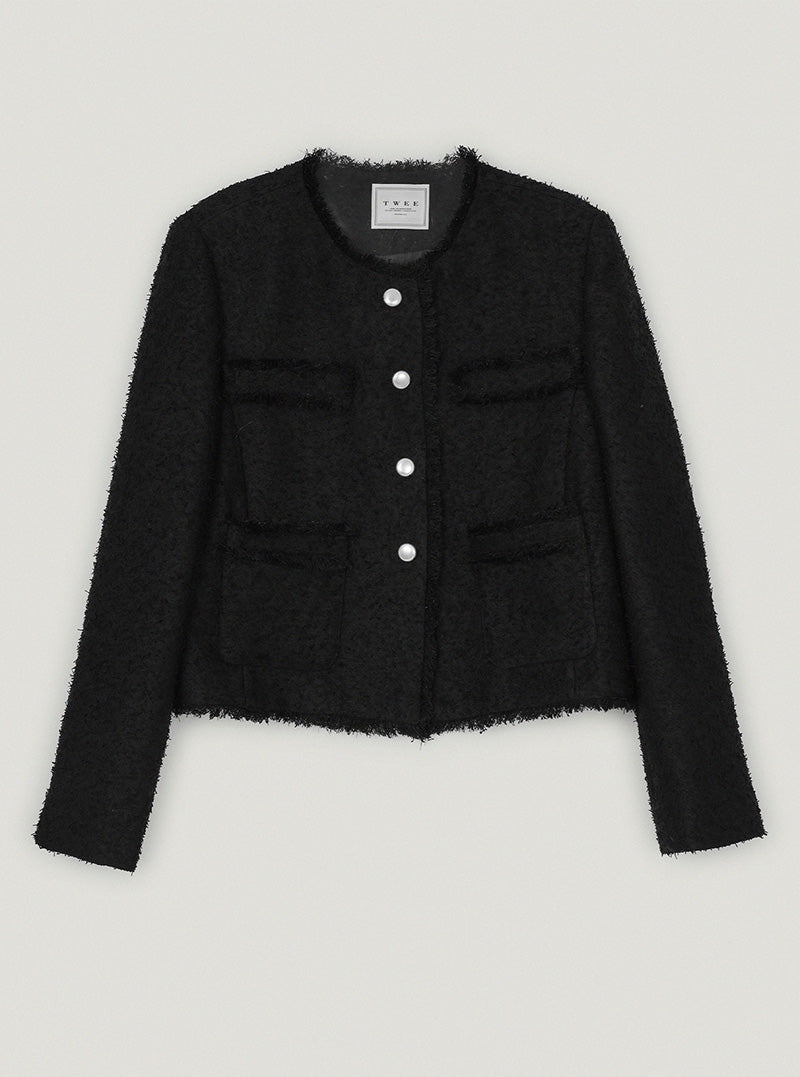Kire fringe round neck long sleeve tweed jacket