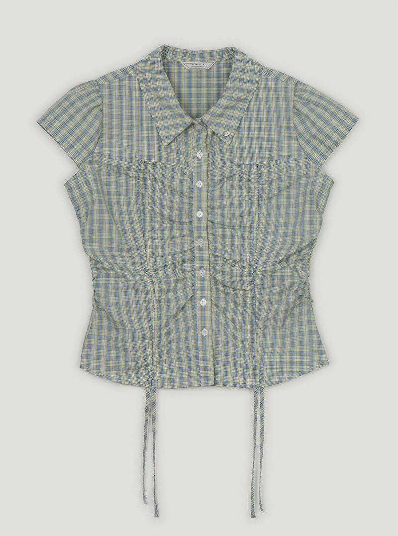 Bota check shirring collar short sleeve blouse