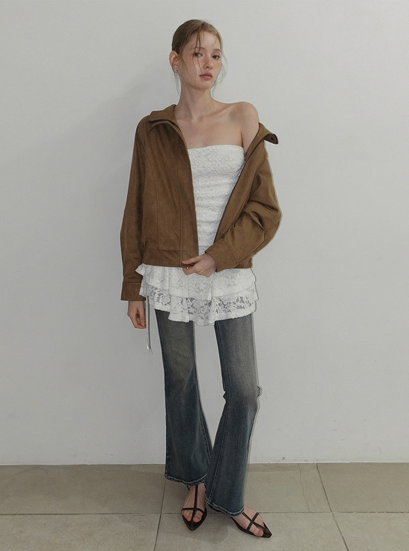 London high-neck suede blouson jumper