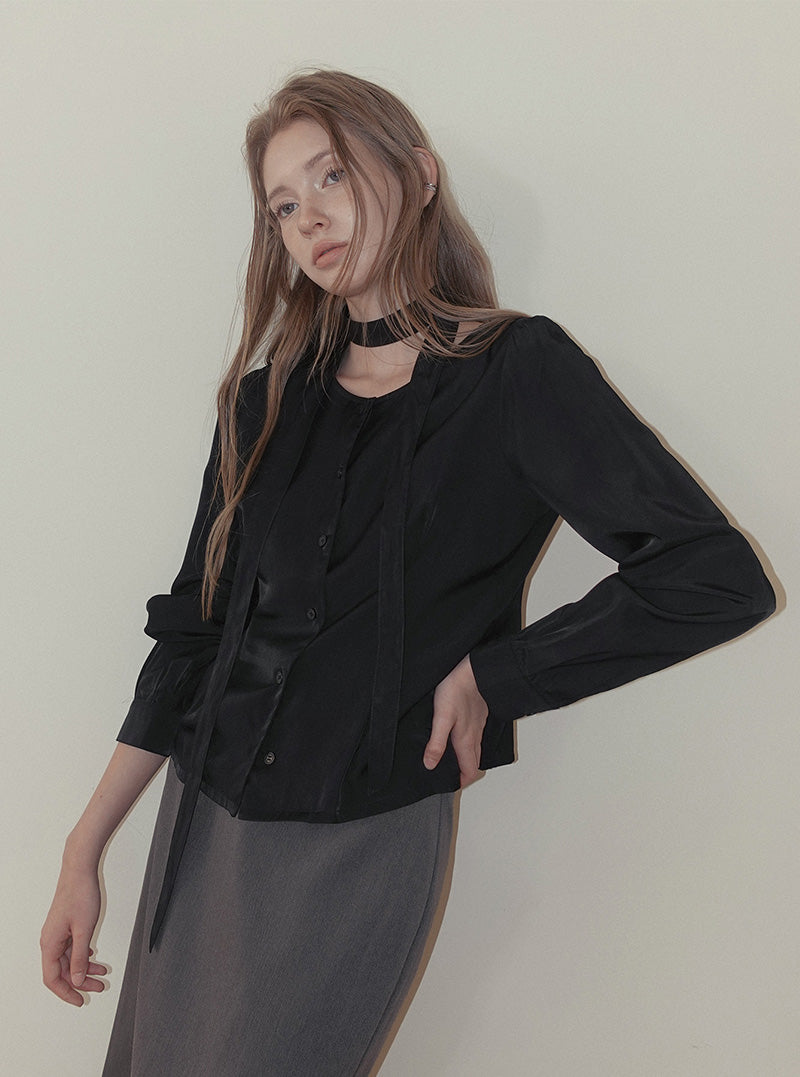 Binre pintuck round neck long sleeve blouse (strap set)