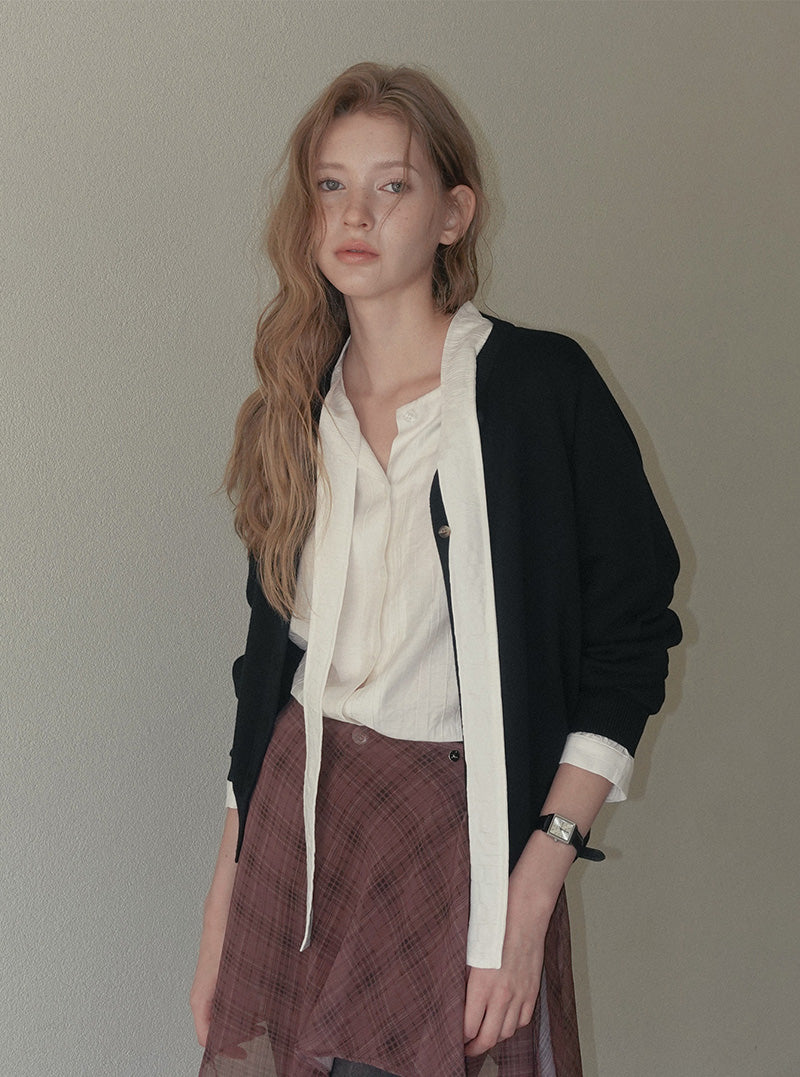 Ichen basic round neck knit long sleeve cardigan