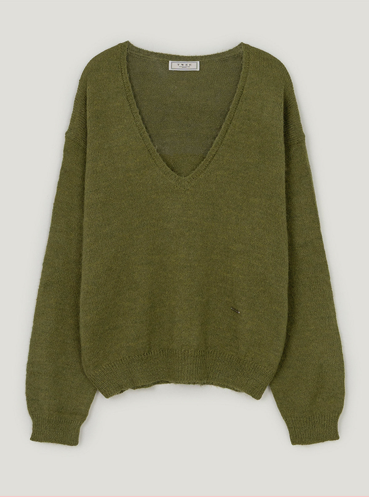 Sorted deep V-neck long sleeve knit | Khaki cutout