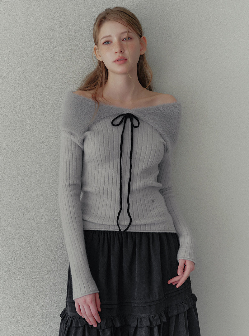 Bins fur contrast off-shoulder strap long sleeve knit | View 3