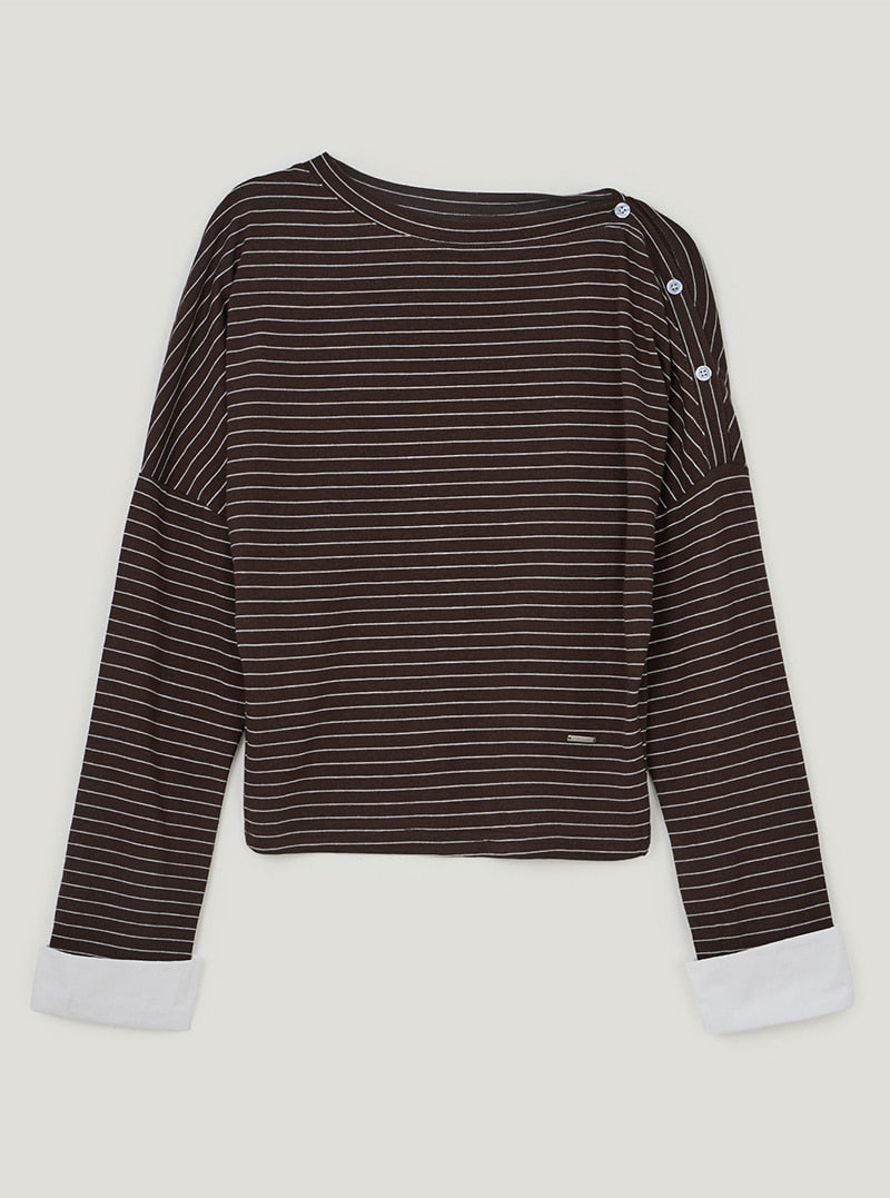 TWEE Ribol shirt contrast button stripe long sleeve T-shirt | Brown product-only view