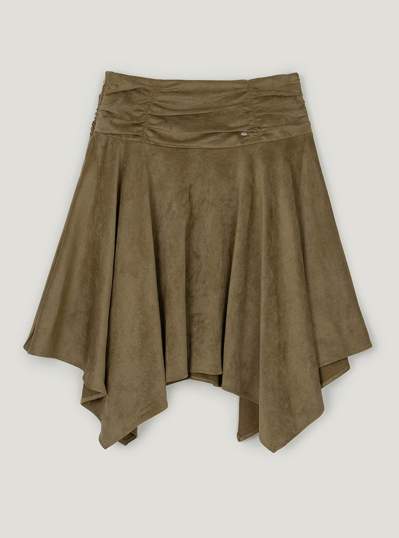 Tiz shirring suede asymmetric midi skirt | Beige cutout