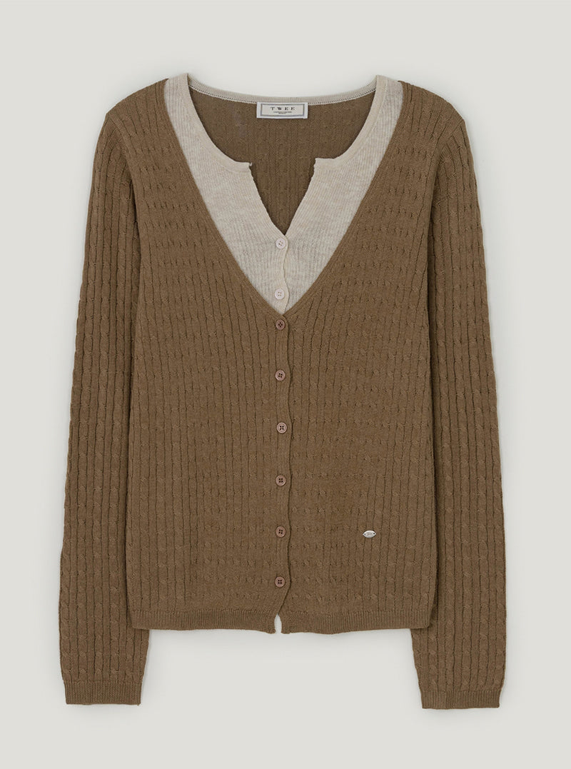 Pet contrast layered cable knit long sleeve cardigan | Camel cutout