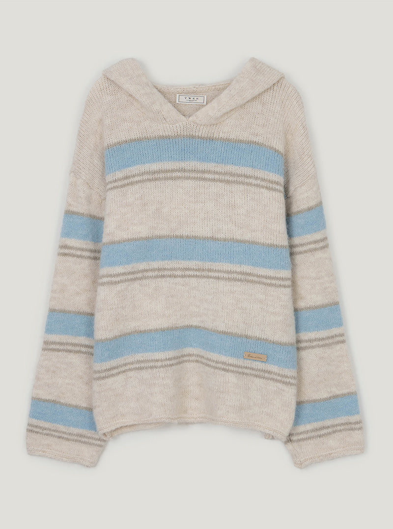 TWEE Cherit stripe oversized hood long sleeve knit | Oatmeal product-only view