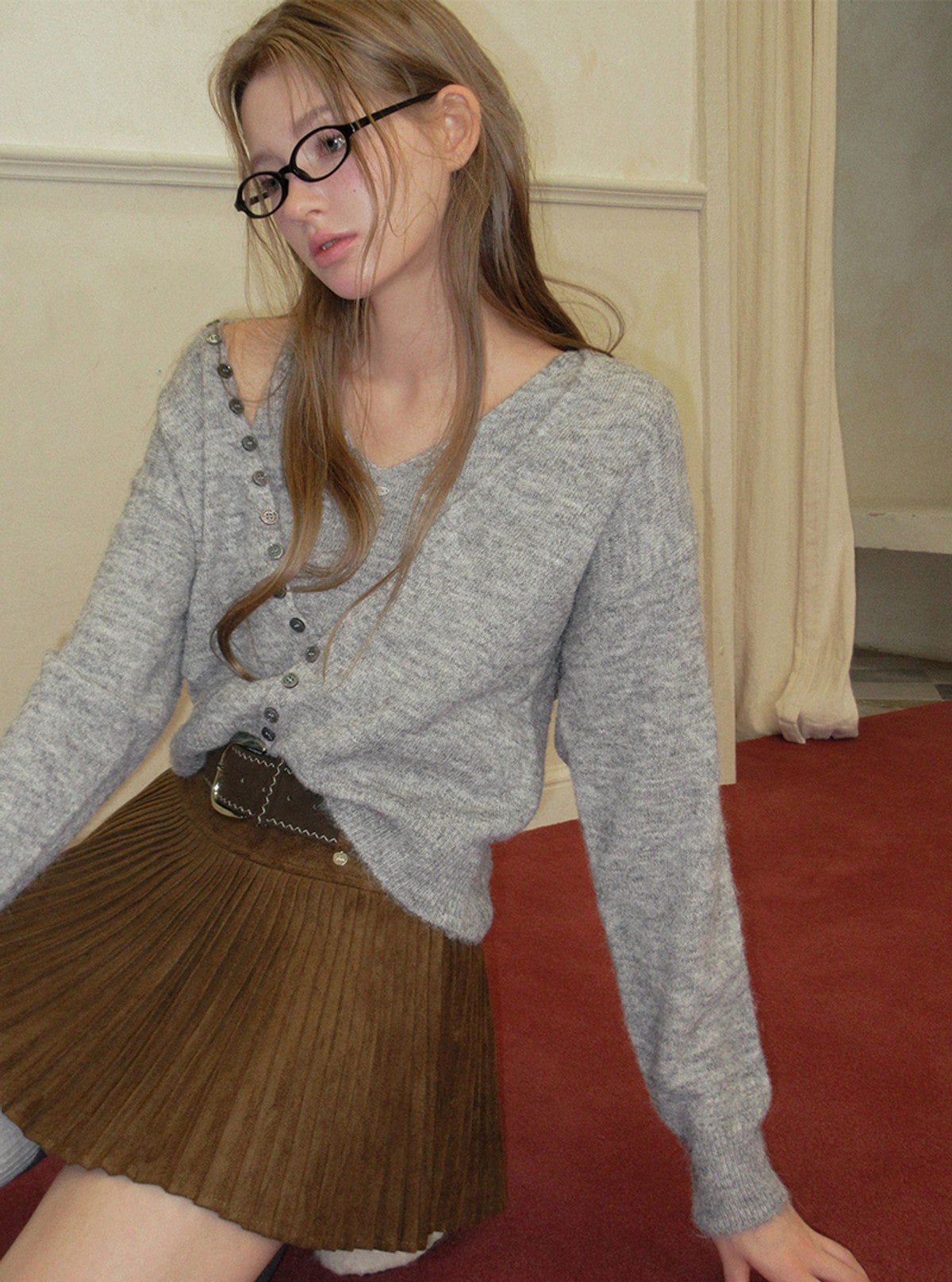 TWEE Runder button layered sleeveless cardigan set | Product styling view 5