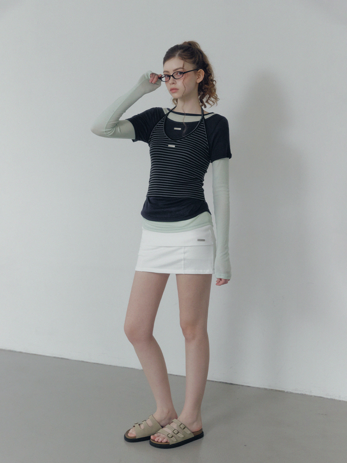 Lett contrast layered shirring long sleeve t-shirt
