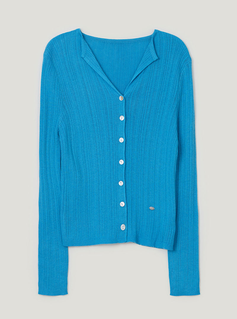 TWEE Rie basic ribbed knit long sleeve cardigan | Blue product-only view