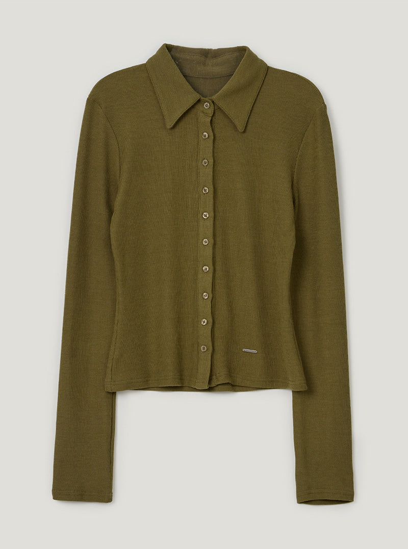 TWEE Toel basic collar long sleeve T-shirt | Khaki product-only view