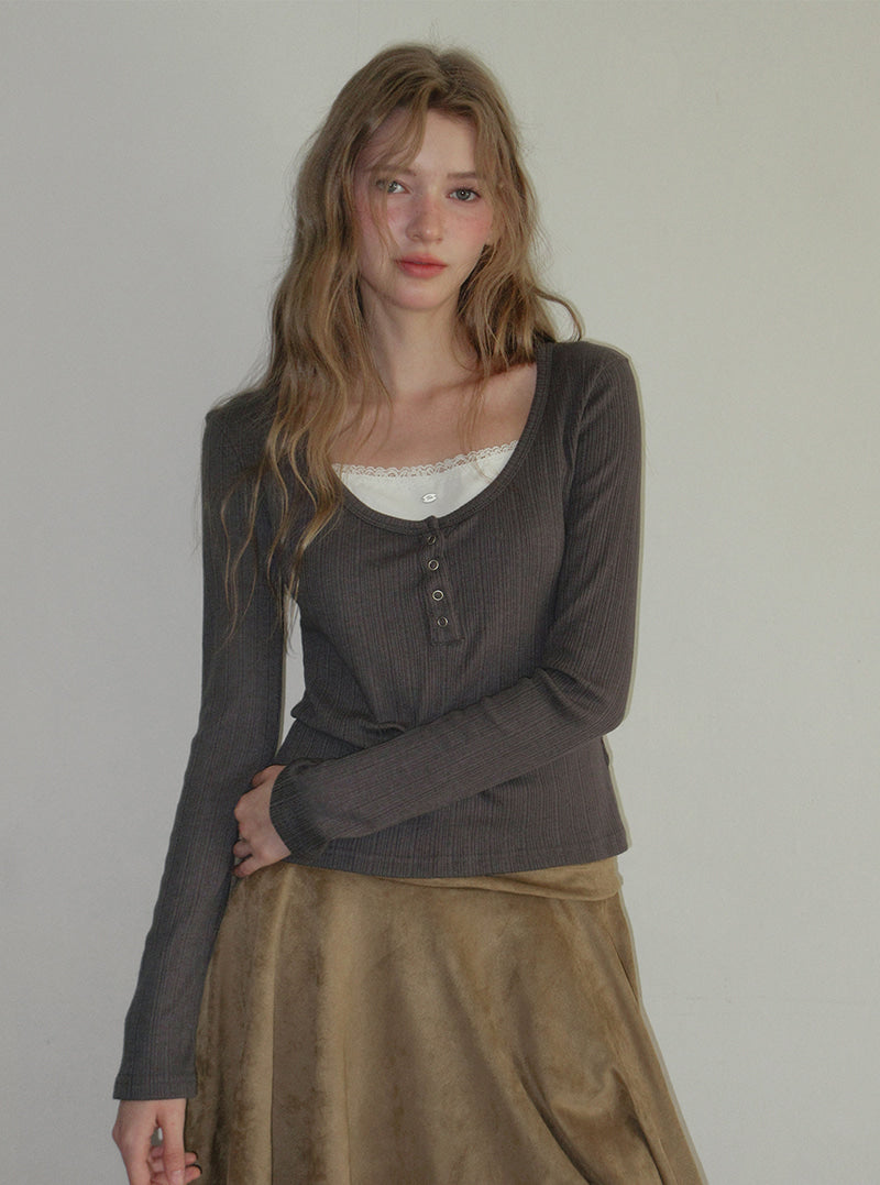 TWEE Runki layered button long sleeve T-shirt | Product styling view 3