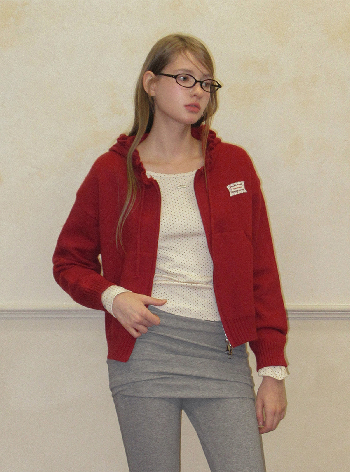 TWEE Berle wave hood long sleeve knit zip-up | Product styling view 5