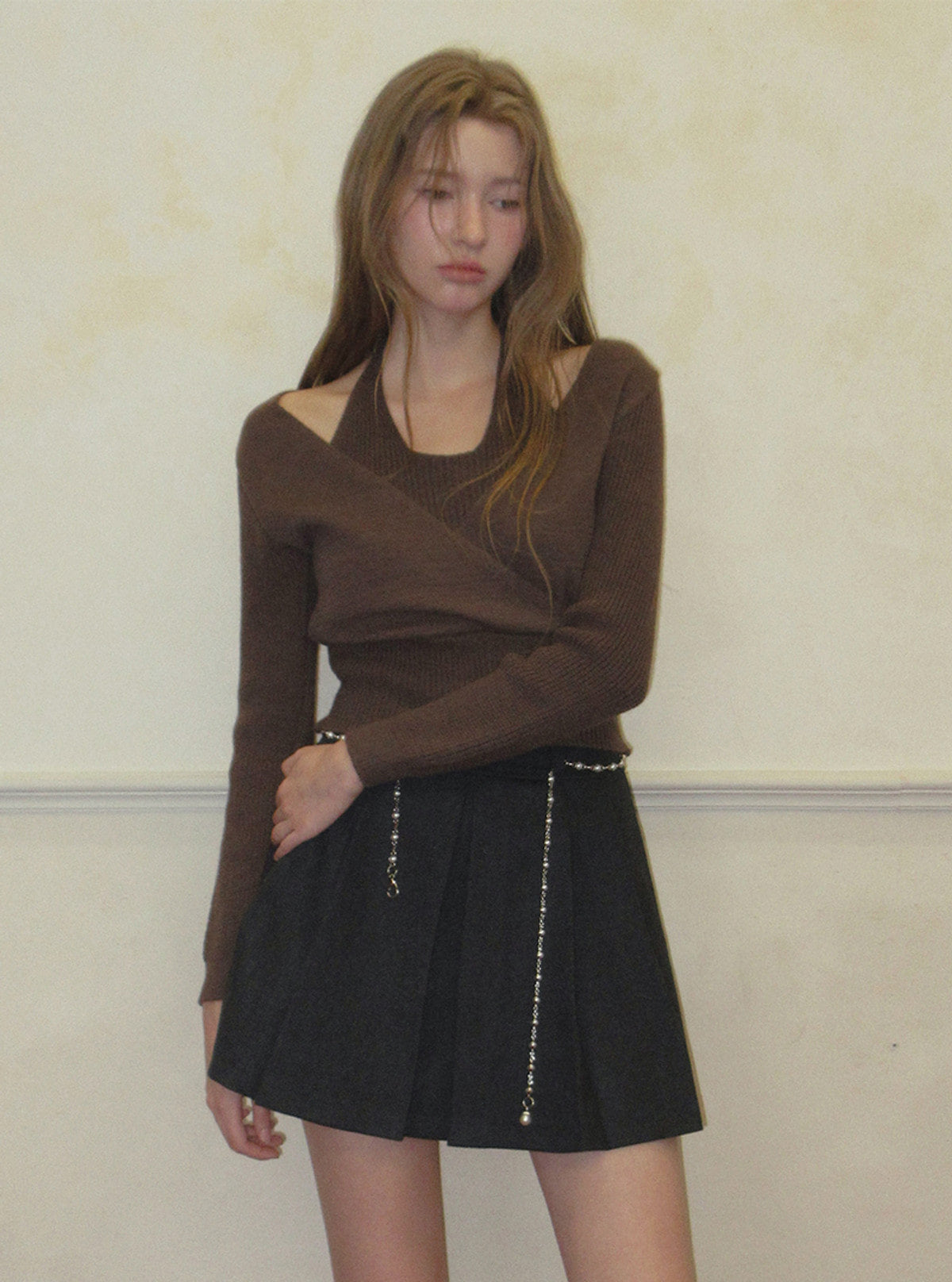 TWEE Tia halter layered wrap long sleeve knit | Product styling view 6