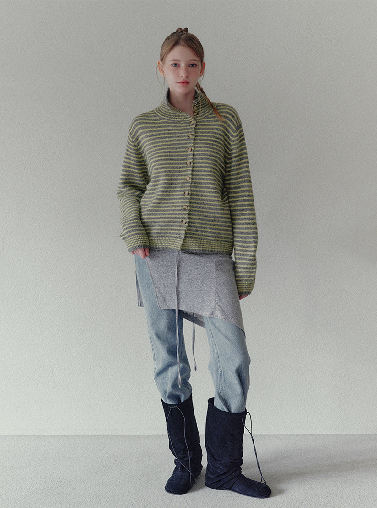 Rozin asymmetric button stripe knit long sleeve cardigan | View 9
