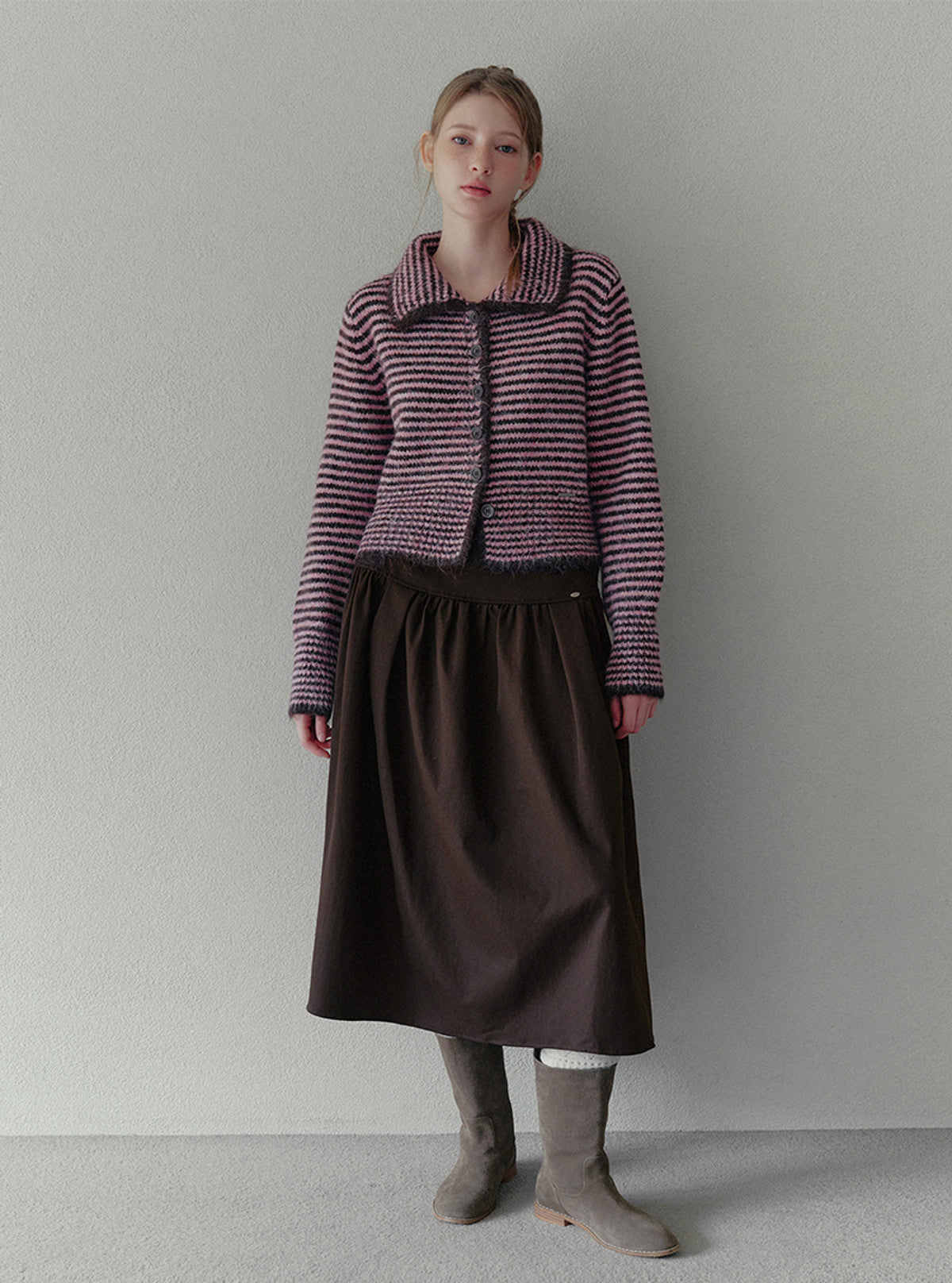 Hisen collar stripe heavyweight long sleeve cardigan | View 4