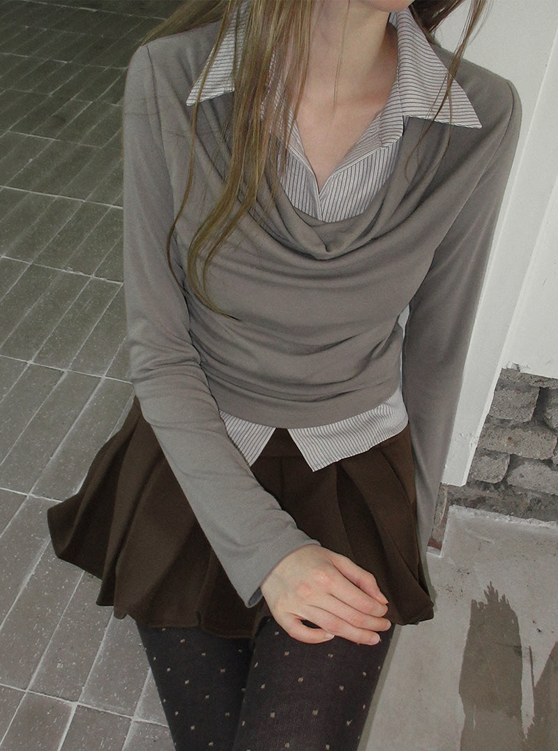TWEE Ravi shirt contrast drape long sleeve T-shirt | Product styling view 6