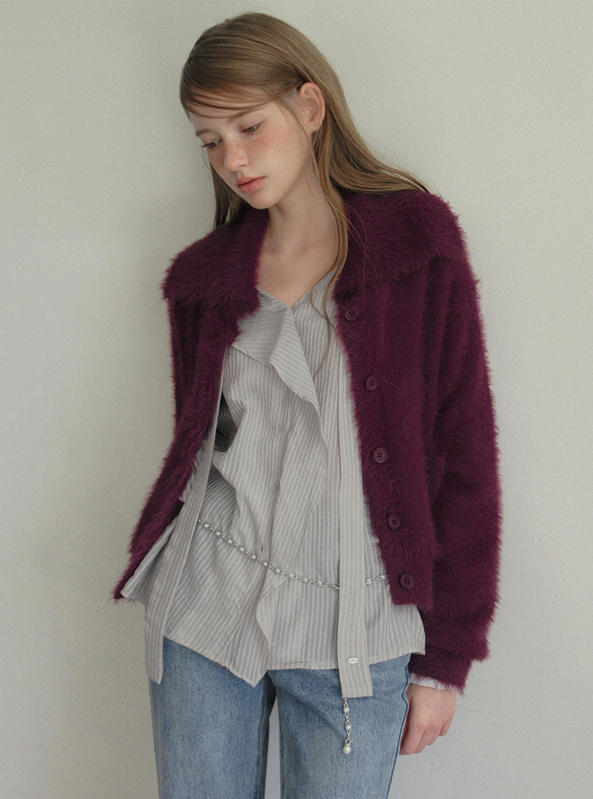 TWEE Sophie brushed collar knit long sleeve cardigan | Product styling view 6
