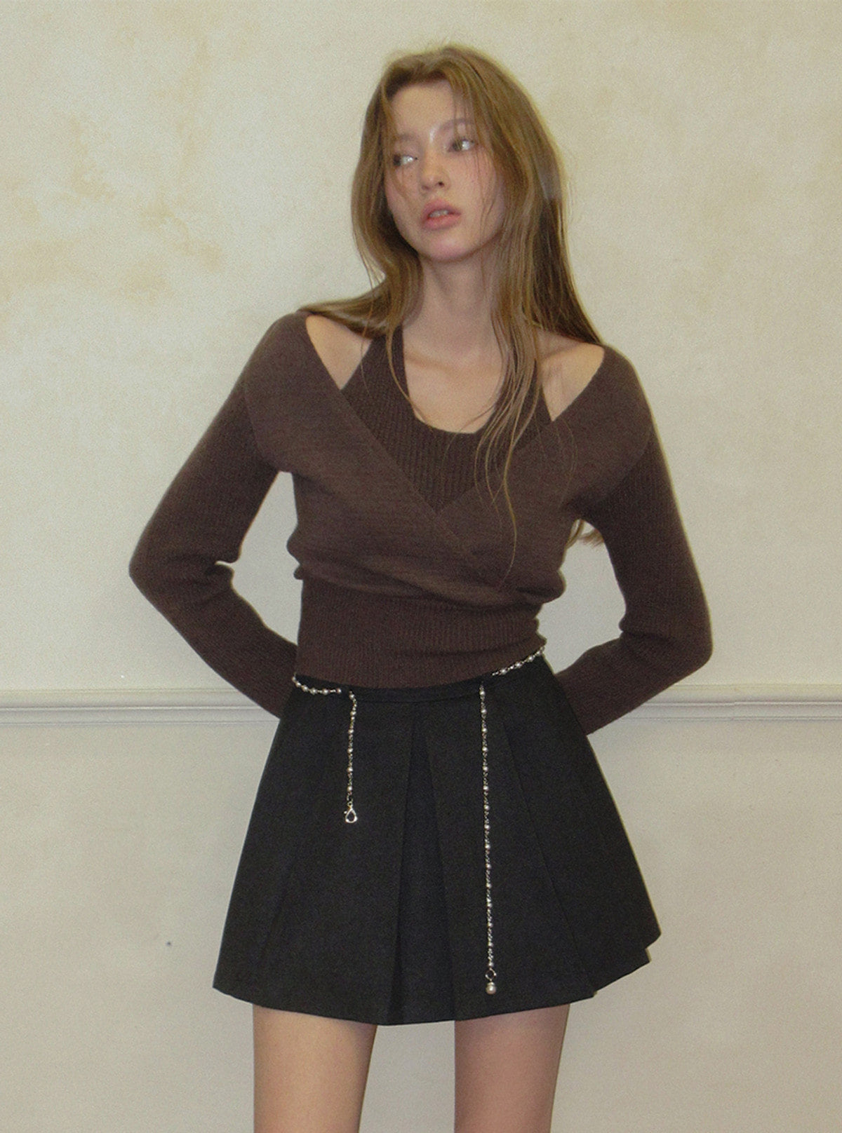 TWEE Tia halter layered wrap long sleeve knit | Product styling view 3