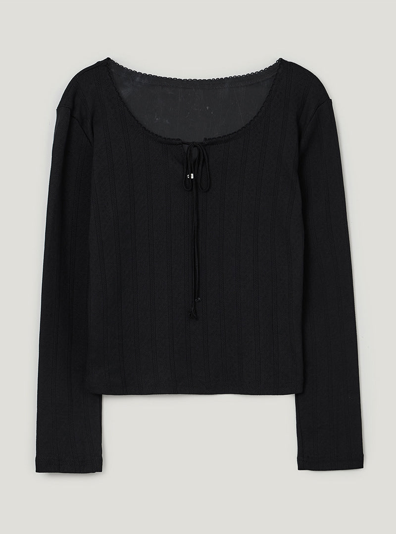 TWEE Wend punching lace strap long sleeve T-shirt | Black product-only view