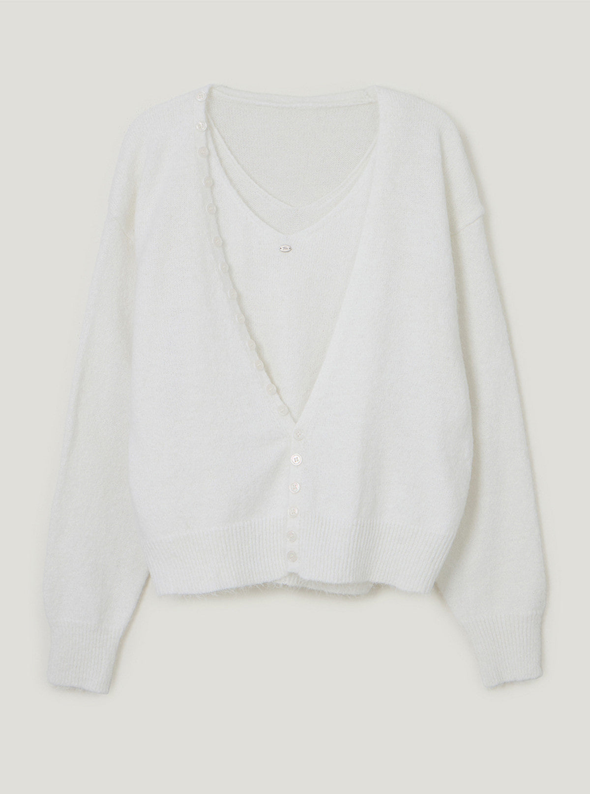 TWEE Runder button layered sleeveless cardigan set | Ivory product-only view