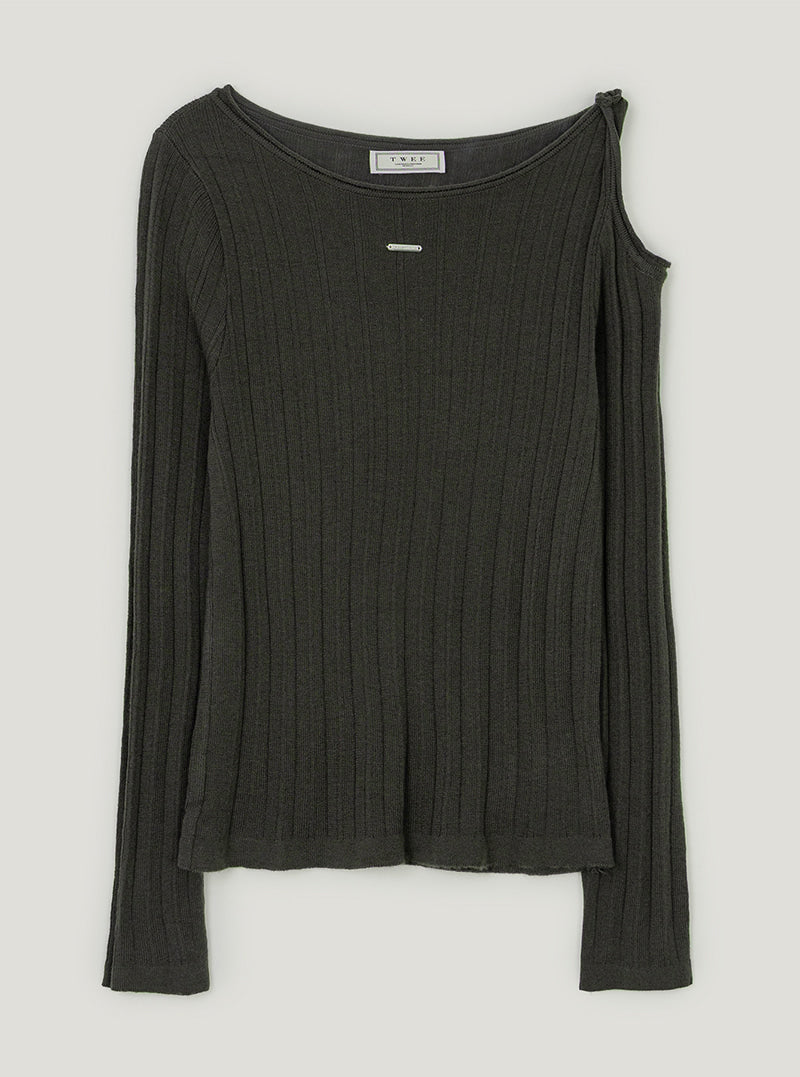 Roman asymmetric shoulder twist long sleeve knit | Khaki brown cutout