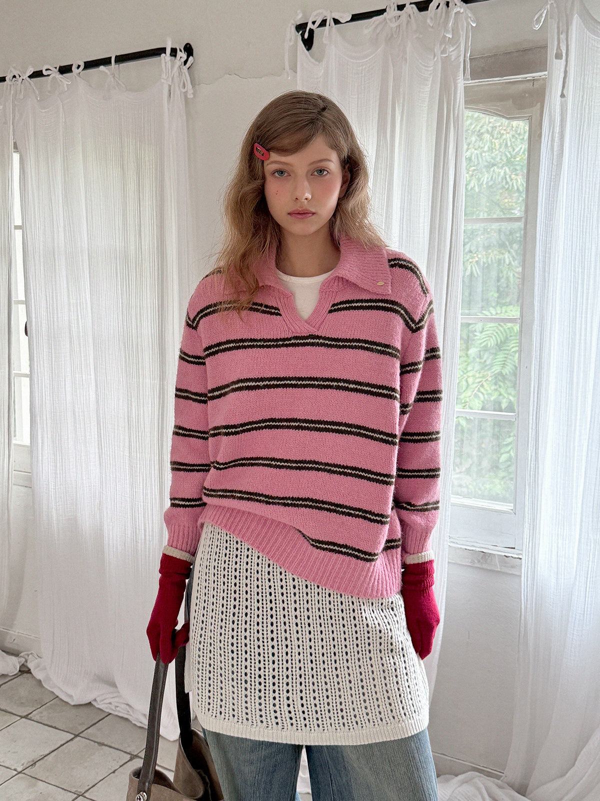 Lemoon Stripe Collar Loose-Fit Knit