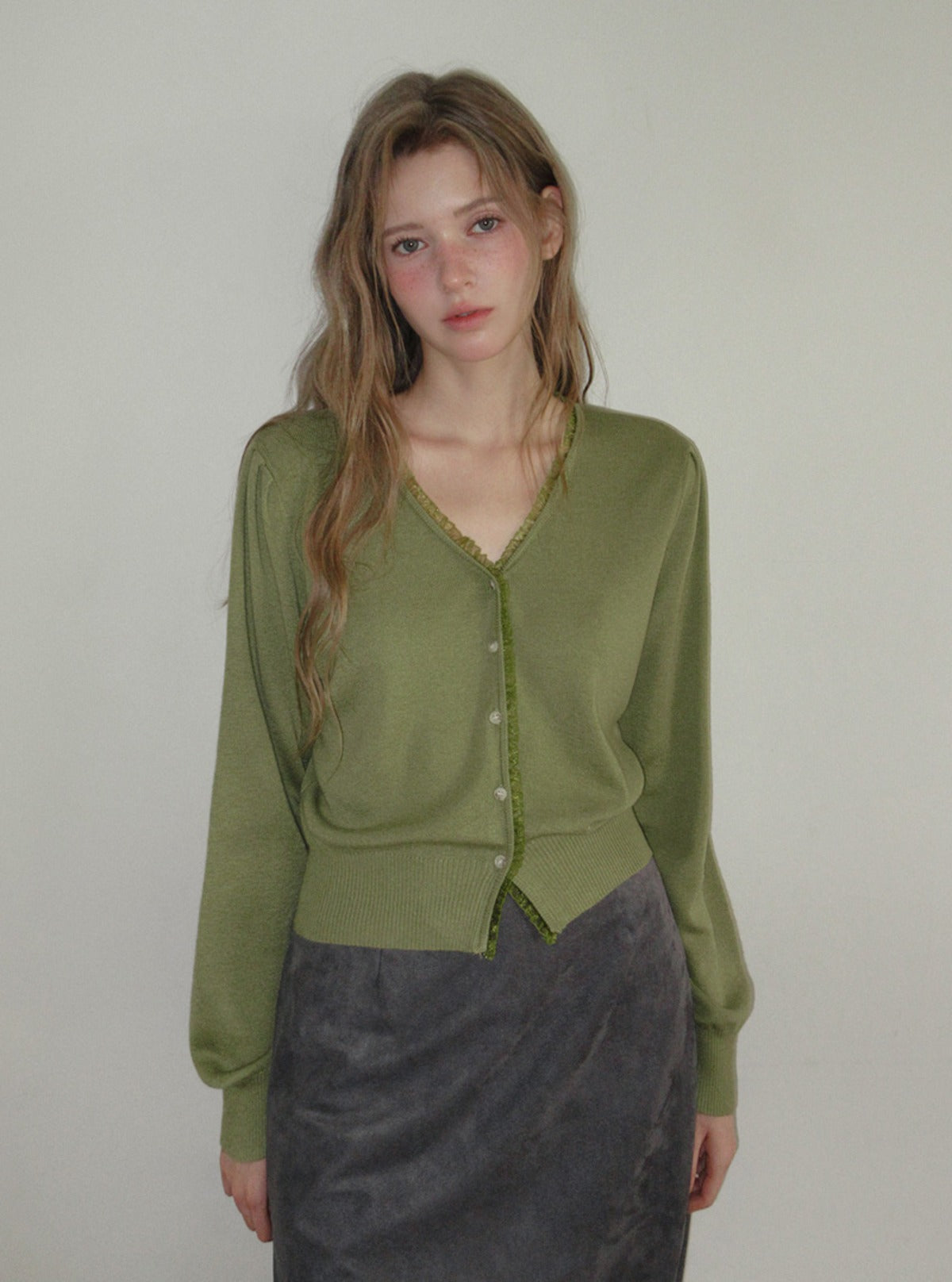 TWEE Derit lace layered V-neck knit long sleeve cardigan | Main product image