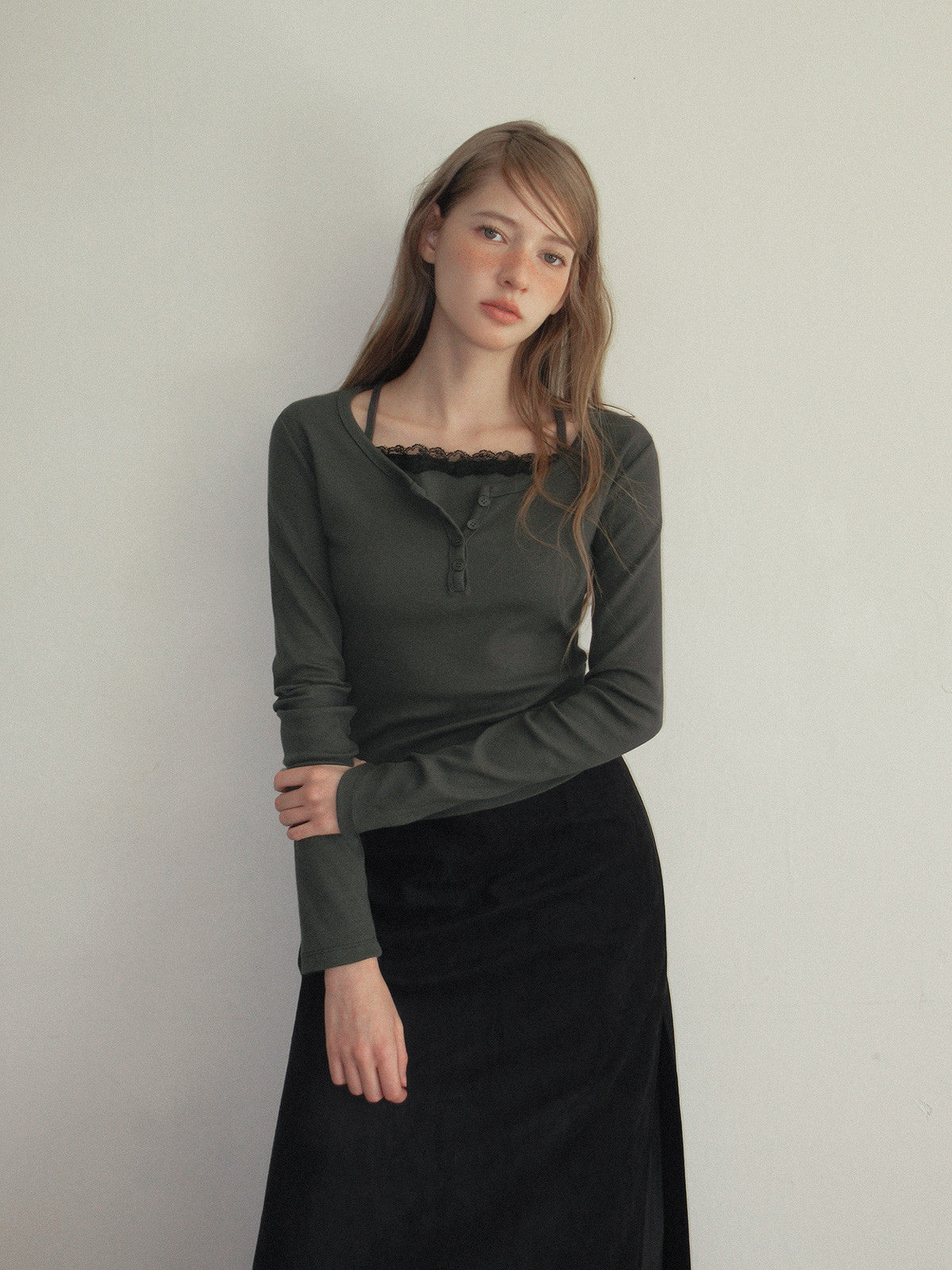 TWEE Benz organza layered suede long skirt | Product styling view 12