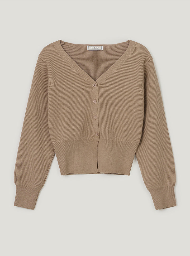 TWEE Coers round/V-neck long sleeve knit cardigan | Beige/V-Neck product-only view