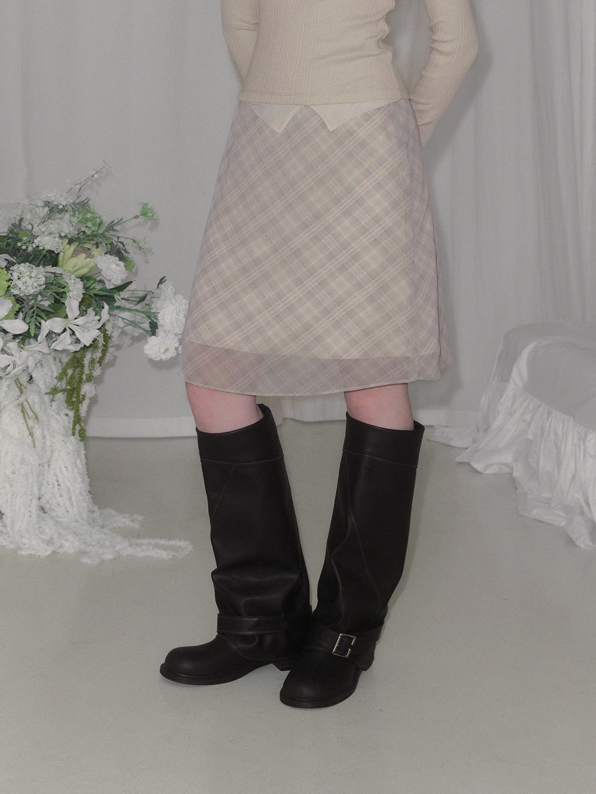 Mush check banding midi skirt
