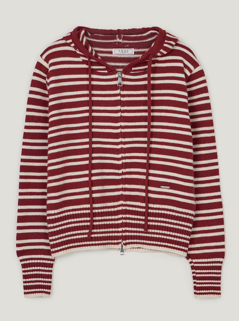 TWEE Error stripe knit hood zip-up | Red product-only view
